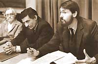 Первое заседание историографического семинара, 1988 г. Слева направо: Н.А.Спицына (дочь А.А.Спицына), Г.С.Лебедев, И.Л.Тихонов.